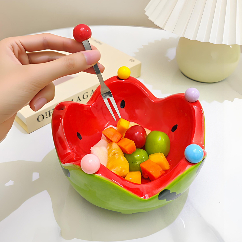 Set tacâmuri pentru fructe cu bol de pepene — farfurie de fructe din ceramică și furculițe de desert din oțel inoxidabil, pentru uz casnic