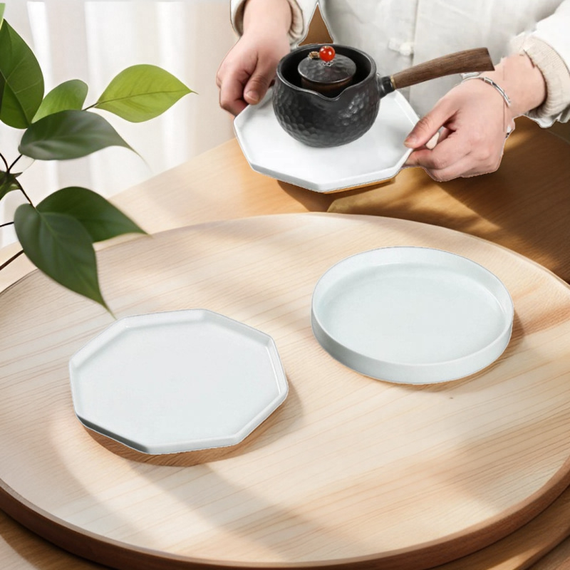 Set Gongfu din porțelan alb – accesorii pentru ceai: suport mic pentru ceainic și tavă; tavă japoneză minimalistă pentru infuzie uscată, tavă pentru gustări și fructe
