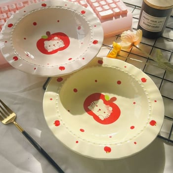Farfurie ceramică cu motiv de pisică și măr, design elegant în stil francez, diametru 18 cm, pentru mic dejun, desert și mâncăruri occidentale