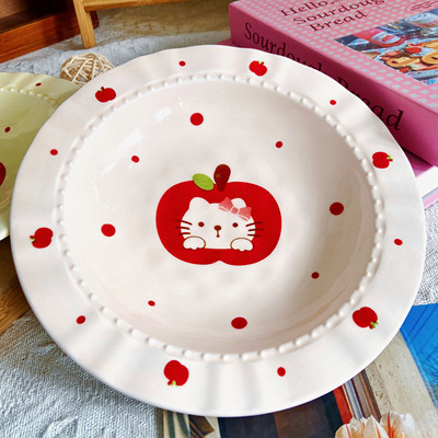 Farfurie ceramică cu motiv de pisică și măr, design elegant în stil francez, diametru 18 cm, pentru mic dejun, desert și mâncăruri occidentale