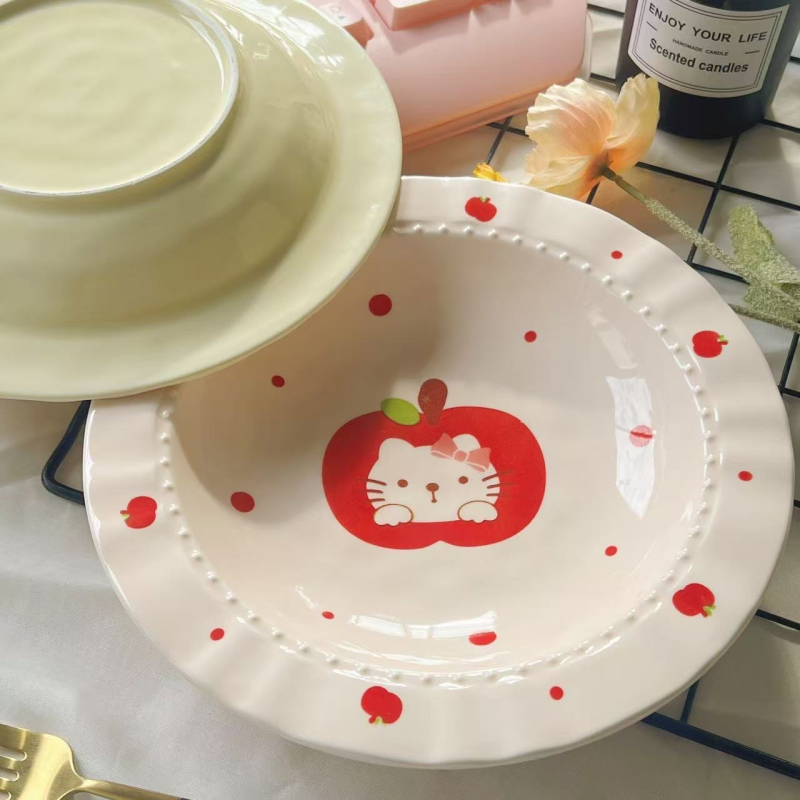 Farfurie ceramică cu motiv de pisică și măr, design elegant în stil francez, diametru 18 cm, pentru mic dejun, desert și mâncăruri occidentale