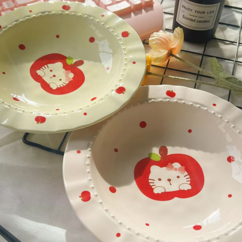 Farfurie ceramică cu motiv de pisică și măr, design elegant în stil francez, diametru 18 cm, pentru mic dejun, desert și mâncăruri occidentale