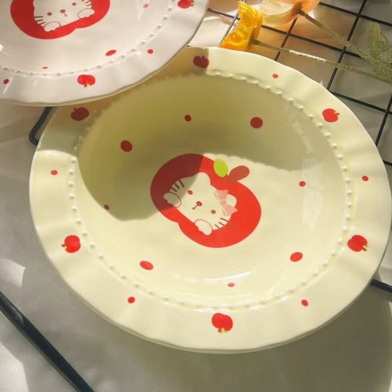 Farfurie ceramică cu motiv de pisică și măr, design elegant în stil francez, diametru 18 cm, pentru mic dejun, desert și mâncăruri occidentale