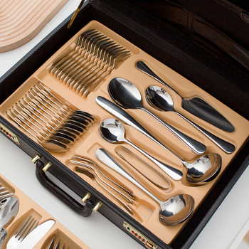 Set de tacâmuri din oțel inoxidabil pentru 12 persoane, 84 de piese, include cuțite, furculițe, linguri și bețișoare, stil modern minimalist, finisaj auriu sau argintiu