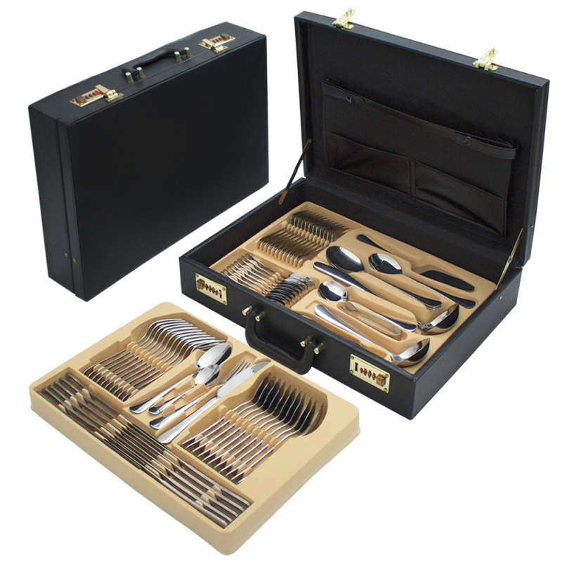Set de tacâmuri din oțel inoxidabil pentru 12 persoane, 84 de piese, include cuțite, furculițe, linguri și bețișoare, stil modern minimalist, finisaj auriu sau argintiu