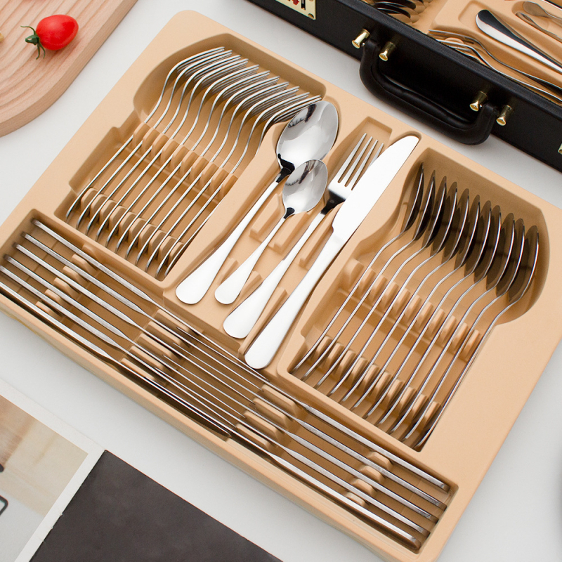 Set de tacâmuri din oțel inoxidabil pentru 12 persoane, 84 de piese, include cuțite, furculițe, linguri și bețișoare, stil modern minimalist, finisaj auriu sau argintiu