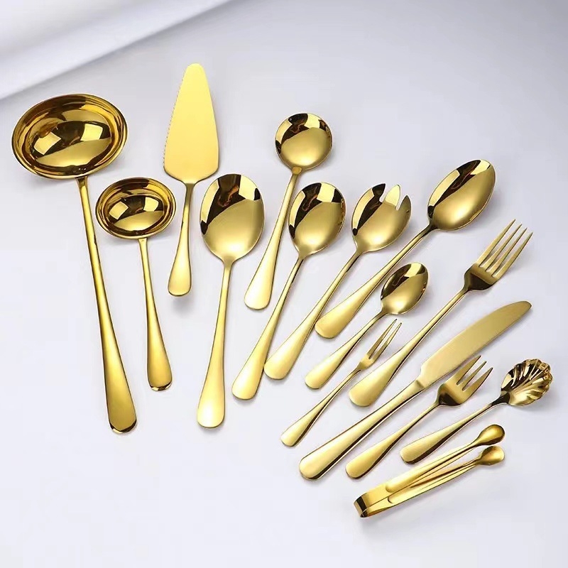 Set de tacâmuri din oțel inoxidabil pentru 12 persoane, 84 de piese, include cuțite, furculițe, linguri și bețișoare, stil modern minimalist, finisaj auriu sau argintiu