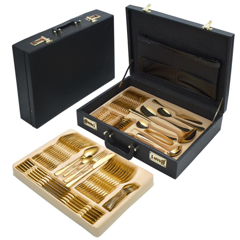 Set de tacâmuri din oțel inoxidabil pentru 12 persoane, 84 de piese, include cuțite, furculițe, linguri și bețișoare, stil modern minimalist, finisaj auriu sau argintiu