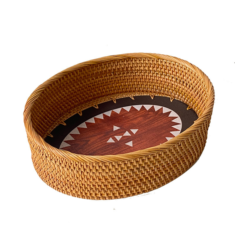 Masă ovală de cafea din răchită, stil Nordic, cu model imprimat și coș de depozitare, platou de fructe pentru living