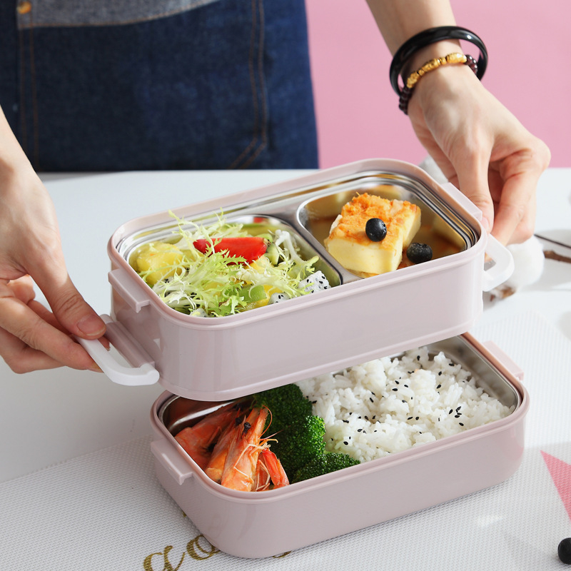 304 dvostruka kutija za ručak od nehrđajućeg čelika, podijeljene pregrade, izolirana, kapacitet 800-1000 ml, za odrasle i studente; nije pogodna za mikrovalnu pećnicu; ispis logotipa i prilagodba dostupni.