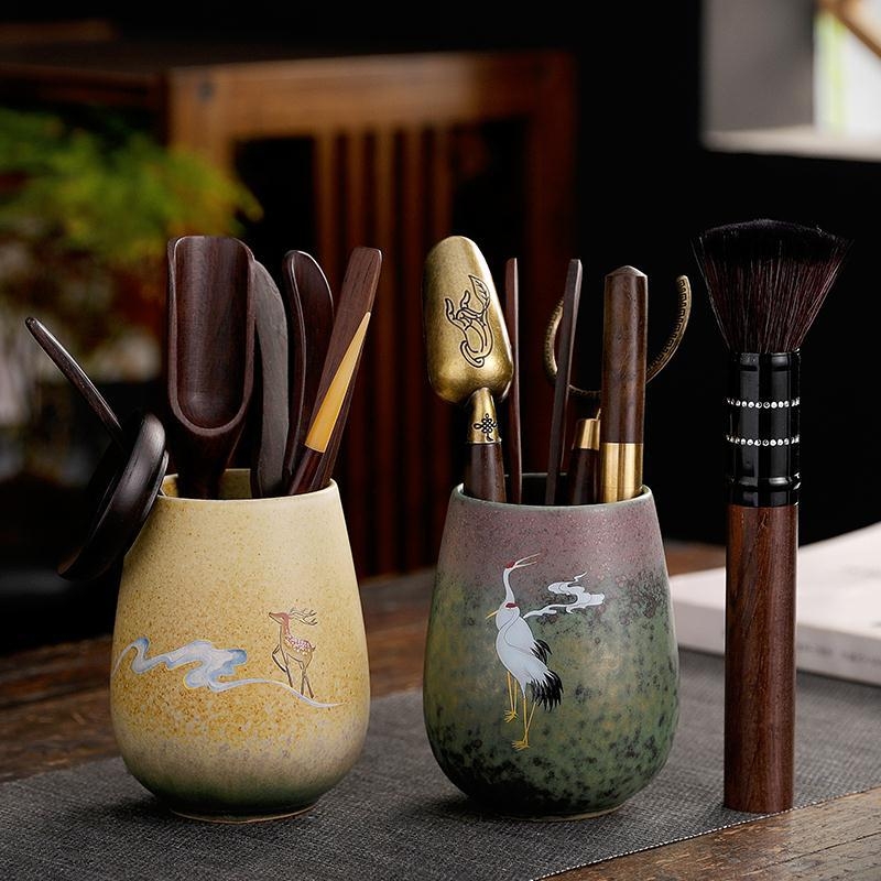 Set ceramic pentru ceremonia Gongfu a ceaiului – accesorii pentru șase domni, clip pentru ceai, pensulă și cuțit pentru întreținerea ceainicului, stil retro