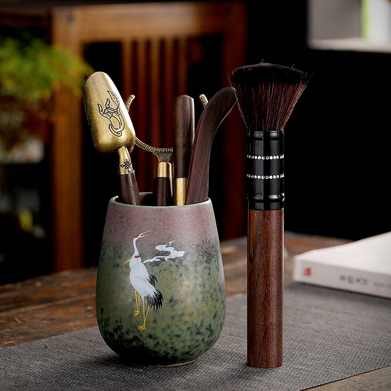 Set ceramic pentru ceremonia Gongfu a ceaiului – accesorii pentru șase domni, clip pentru ceai, pensulă și cuțit pentru întreținerea ceainicului, stil retro