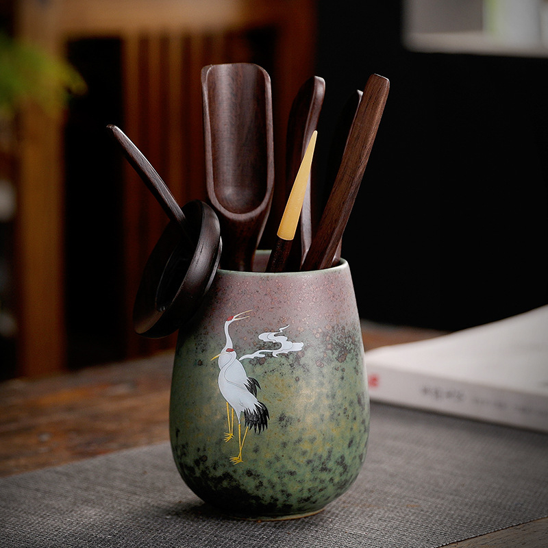 Set ceramic pentru ceremonia Gongfu a ceaiului – accesorii pentru șase domni, clip pentru ceai, pensulă și cuțit pentru întreținerea ceainicului, stil retro