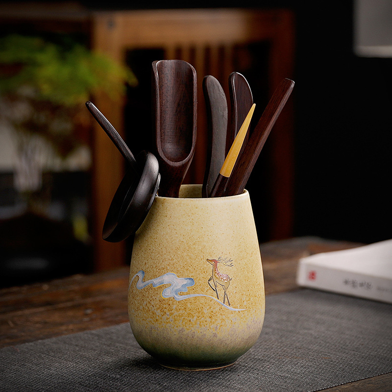 Set ceramic pentru ceremonia Gongfu a ceaiului – accesorii pentru șase domni, clip pentru ceai, pensulă și cuțit pentru întreținerea ceainicului, stil retro