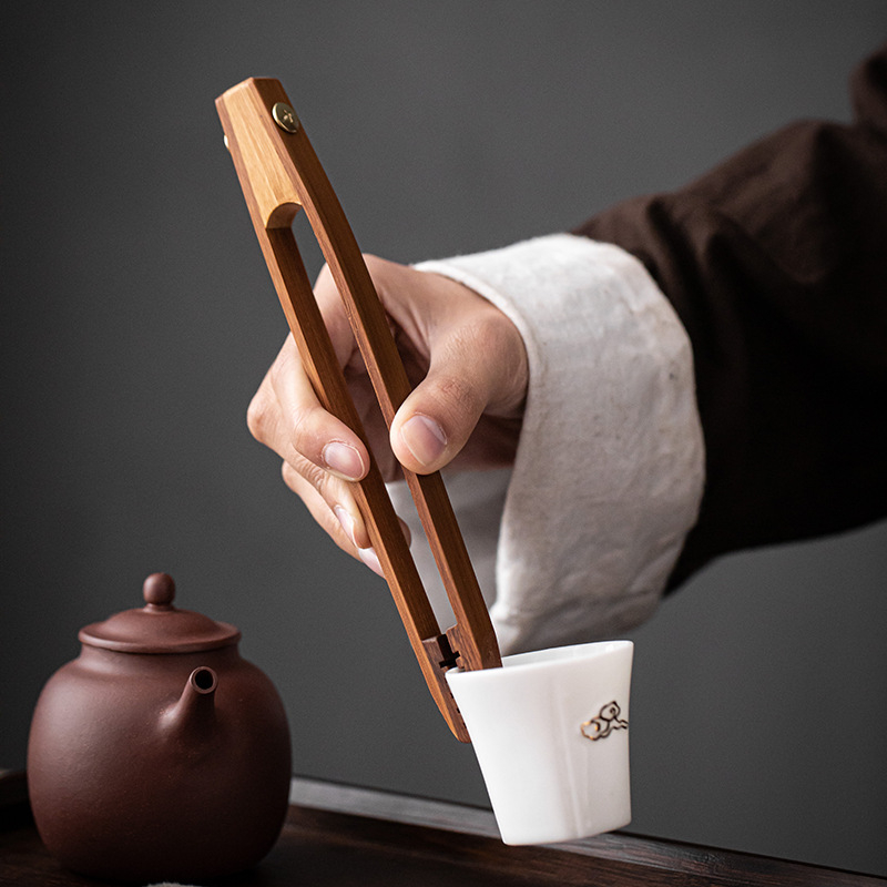 Clema de ceai din bambus și pensetă pentru ceașcă, set Kung Fu pentru ceai, accesorii antiderapante pentru ceașcă, clemă mare pentru ceașcă, protecție împotriva arsurilor, accesorii Six Gentlemen