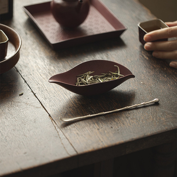 Accesorii pentru ceremonia ceaiului în stil japonez, ceramică grosieră, set de ceai cu recipient în formă de barcă cu o singură frunză, linguriță de trezire a ceaiului