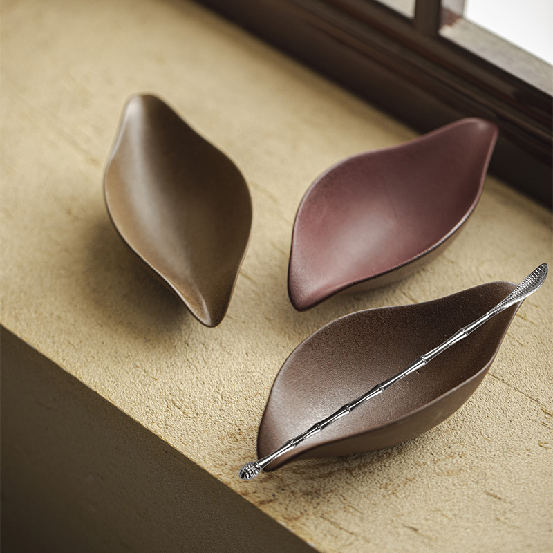 Accesorii pentru ceremonia ceaiului în stil japonez, ceramică grosieră, set de ceai cu recipient în formă de barcă cu o singură frunză, linguriță de trezire a ceaiului