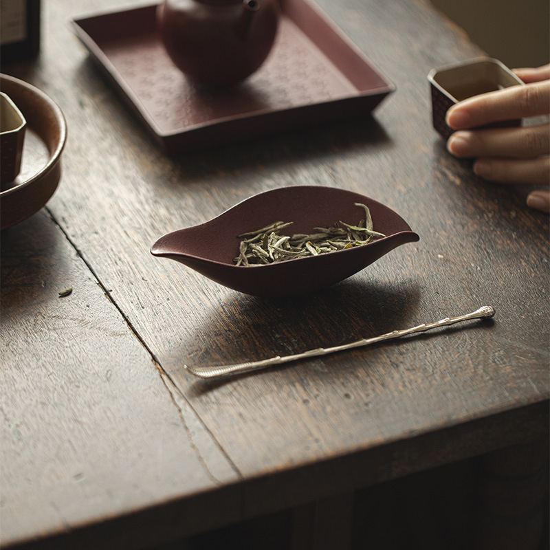 Accesorii pentru ceremonia ceaiului în stil japonez, ceramică grosieră, set de ceai cu recipient în formă de barcă cu o singură frunză, linguriță de trezire a ceaiului