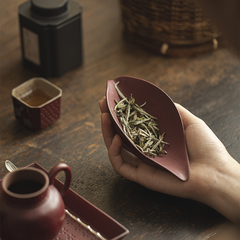 Accesorii pentru ceremonia ceaiului în stil japonez, ceramică grosieră, set de ceai cu recipient în formă de barcă cu o singură frunză, linguriță de trezire a ceaiului