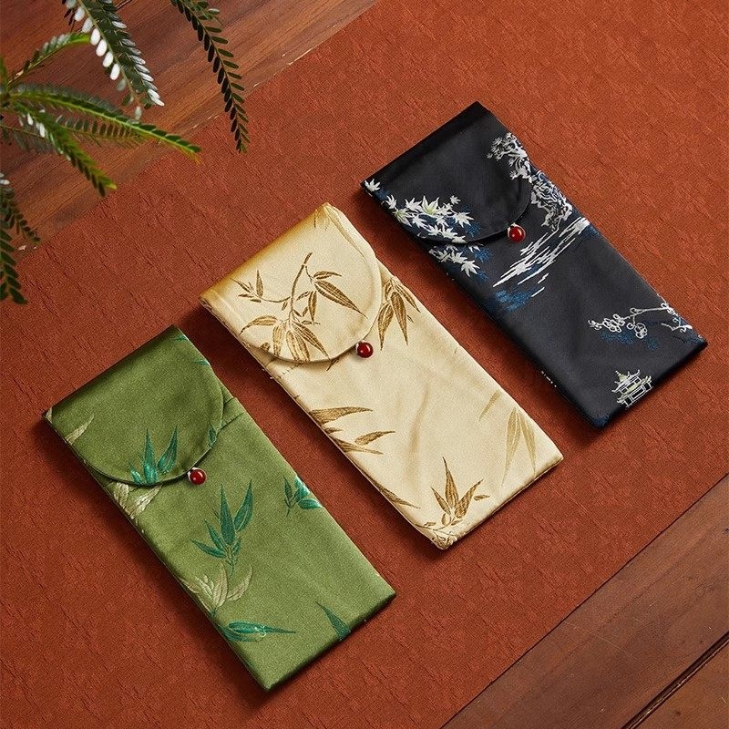 Accesorii pentru ceremonia Gongfu a ceaiului, în stil chinezesc, cu sac textil de depozitare, foarfece de ceai și Clești de ceai, set de șase piese