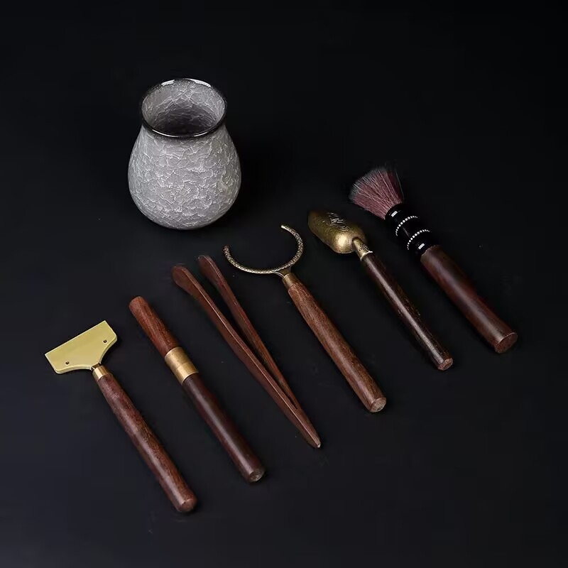 Set Gongfu pentru ceai cu Black Ice Flower – Accesorii pentru ceremonia ceaiului, masă de ceai, unelte de preparare, clips pentru ceai, ac de ceai și animale de ceai