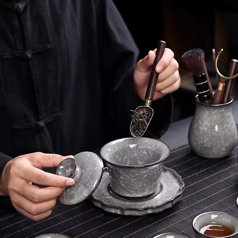 Set Gongfu pentru ceai cu Black Ice Flower – Accesorii pentru ceremonia ceaiului, masă de ceai, unelte de preparare, clips pentru ceai, ac de ceai și animale de ceai