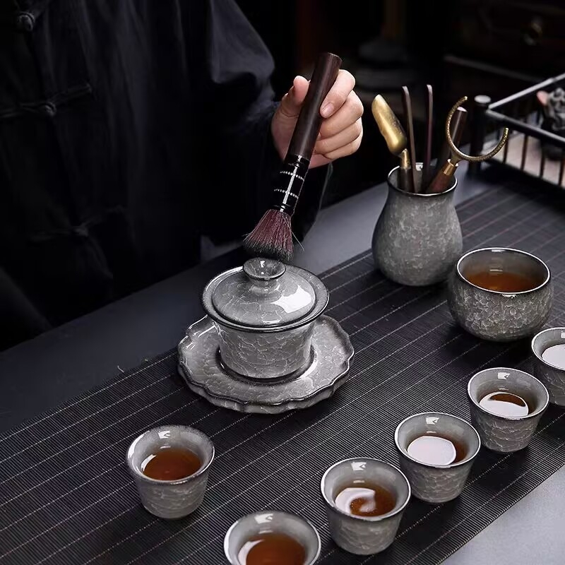 Set Gongfu pentru ceai cu Black Ice Flower – Accesorii pentru ceremonia ceaiului, masă de ceai, unelte de preparare, clips pentru ceai, ac de ceai și animale de ceai