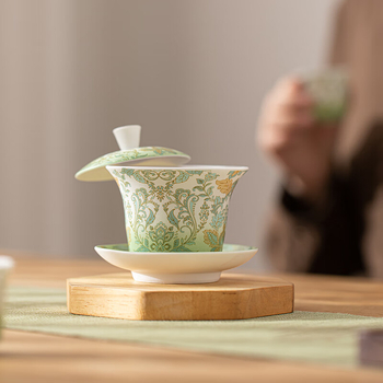 Vas ceramic Jadeite de la Su, bol cu capac în formă de potcoavă suspendată, model damasc nordic-european, cutie cadou, set mic cu două boluri cu capac