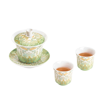 Vas ceramic Jadeite de la Su, bol cu capac în formă de potcoavă suspendată, model damasc nordic-european, cutie cadou, set mic cu două boluri cu capac