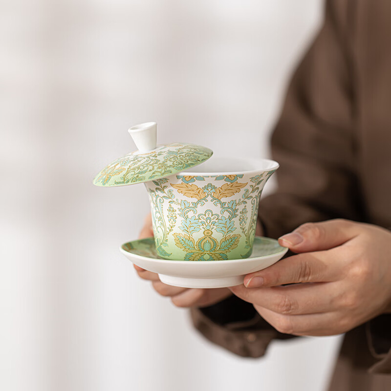 Vas ceramic Jadeite de la Su, bol cu capac în formă de potcoavă suspendată, model damasc nordic-european, cutie cadou, set mic cu două boluri cu capac