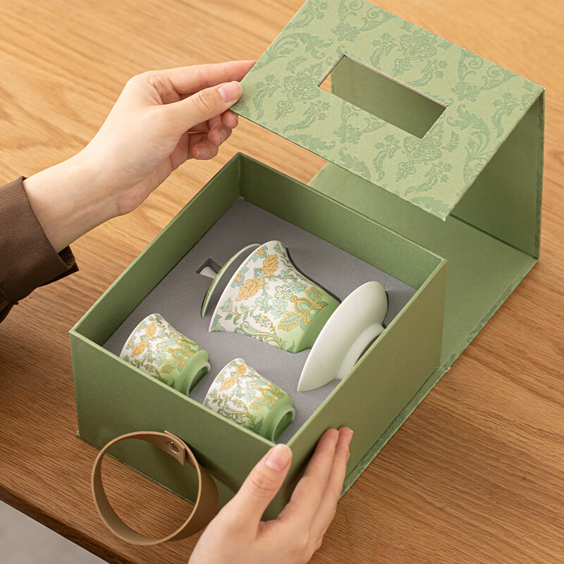 Vas ceramic Jadeite de la Su, bol cu capac în formă de potcoavă suspendată, model damasc nordic-european, cutie cadou, set mic cu două boluri cu capac
