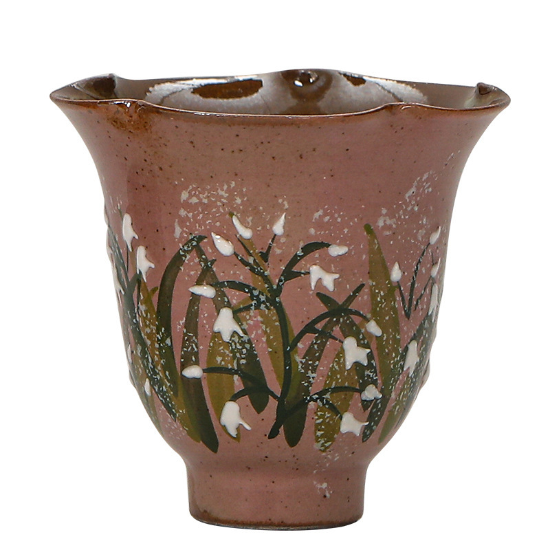 Ceșcuță Gongfu pentru ceai, pictură manuală Lily of the Valley, ceramică, stil chinezesc, cu suport pentru farfurioară