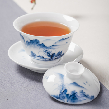 Ceai mare cu capac, pictură manuală, porțelan albastru-alb, set ceramic pentru ceremonialul ceaiului chinezesc cu peisaj (trei piese)