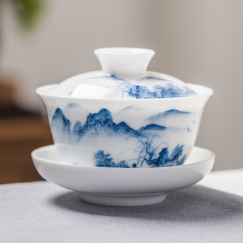Ceai mare cu capac, pictură manuală, porțelan albastru-alb, set ceramic pentru ceremonialul ceaiului chinezesc cu peisaj (trei piese)
