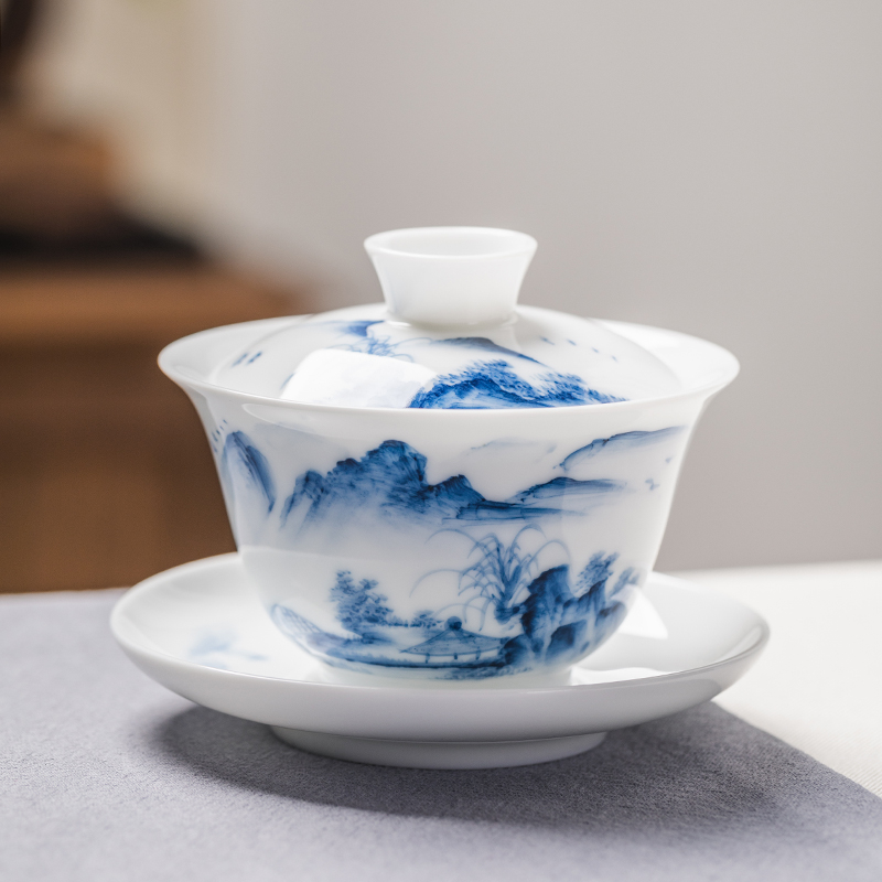 Ceai mare cu capac, pictură manuală, porțelan albastru-alb, set ceramic pentru ceremonialul ceaiului chinezesc cu peisaj (trei piese)