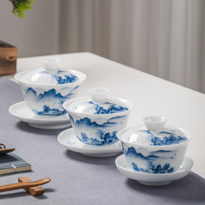 Ceai mare cu capac, pictură manuală, porțelan albastru-alb, set ceramic pentru ceremonialul ceaiului chinezesc cu peisaj (trei piese)