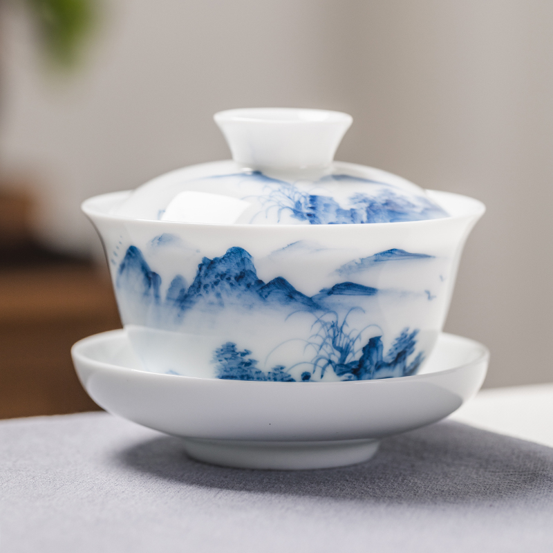 Ceai mare cu capac, pictură manuală, porțelan albastru-alb, set ceramic pentru ceremonialul ceaiului chinezesc cu peisaj (trei piese)