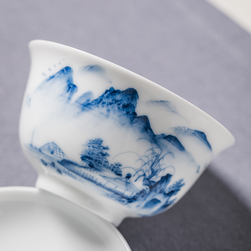 Ceai mare cu capac, pictură manuală, porțelan albastru-alb, set ceramic pentru ceremonialul ceaiului chinezesc cu peisaj (trei piese)