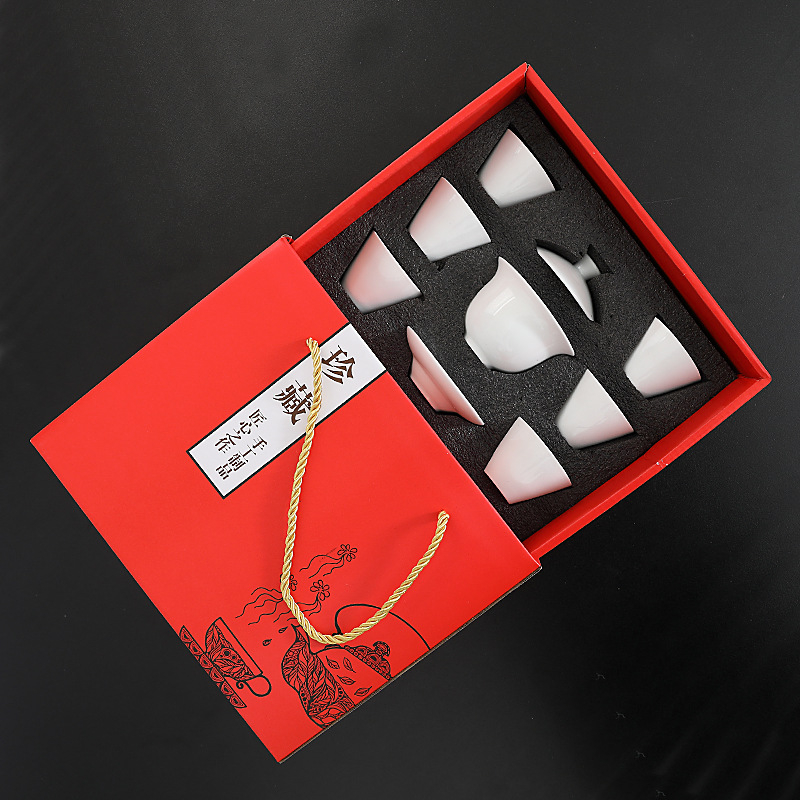 Set Gongfu de ceai într-o cutie cadou din ceramică, cu gaiwan și cești, design minimalist, logo personalizat