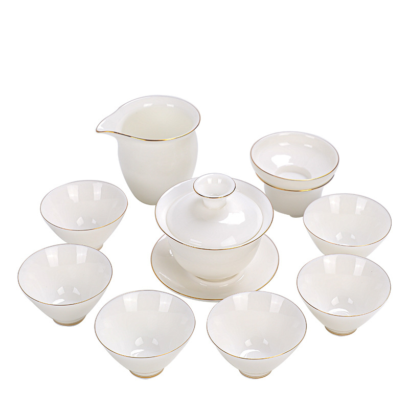 Set ceai porțelan alb cu ceainic, bol cu capac și cești; ceramică premium pentru casă și birou; cadou elegant