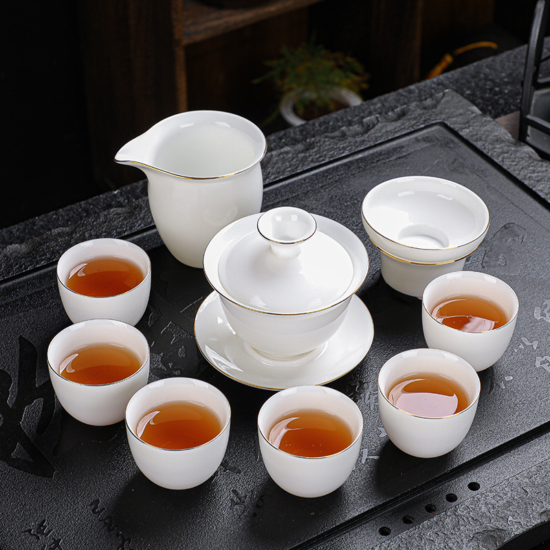 Set ceai porțelan alb cu ceainic, bol cu capac și cești; ceramică premium pentru casă și birou; cadou elegant