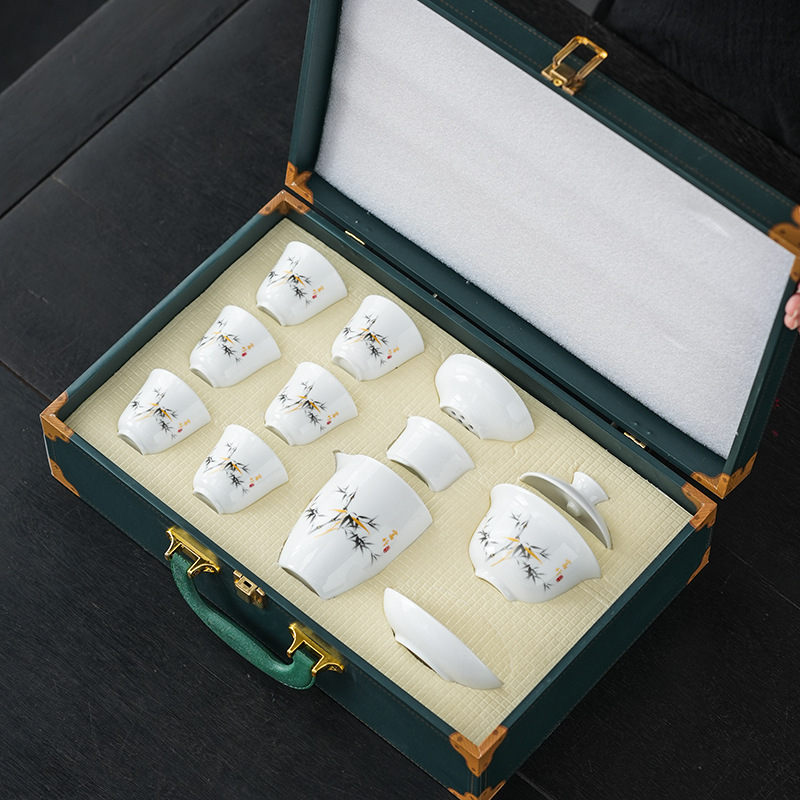 Set de ceai din porțelan alb cu gaiwan, în cutie cadou, set complet pentru 6 persoane, posibilitate de personalizare a logo-ului