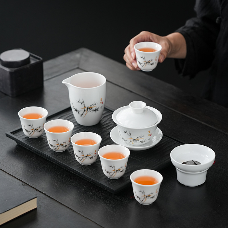 Set de ceai din porțelan alb cu gaiwan, în cutie cadou, set complet pentru 6 persoane, posibilitate de personalizare a logo-ului