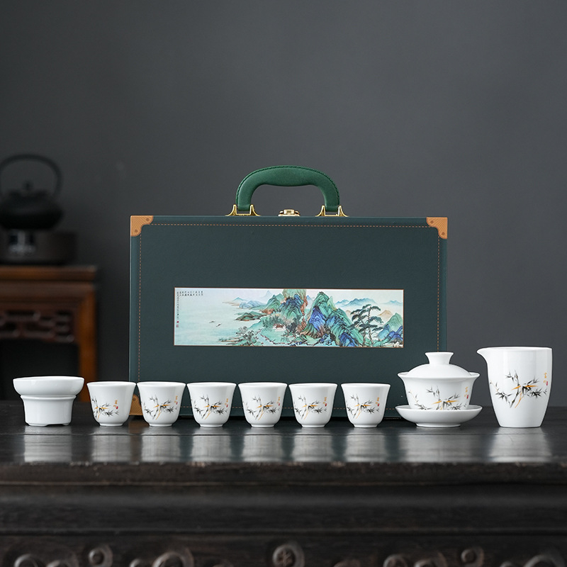 Set de ceai din porțelan alb cu gaiwan, în cutie cadou, set complet pentru 6 persoane, posibilitate de personalizare a logo-ului