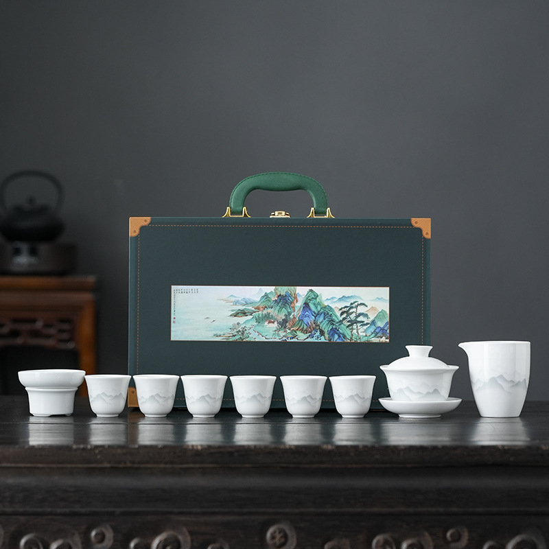 Set de ceai din porțelan alb cu gaiwan, în cutie cadou, set complet pentru 6 persoane, posibilitate de personalizare a logo-ului