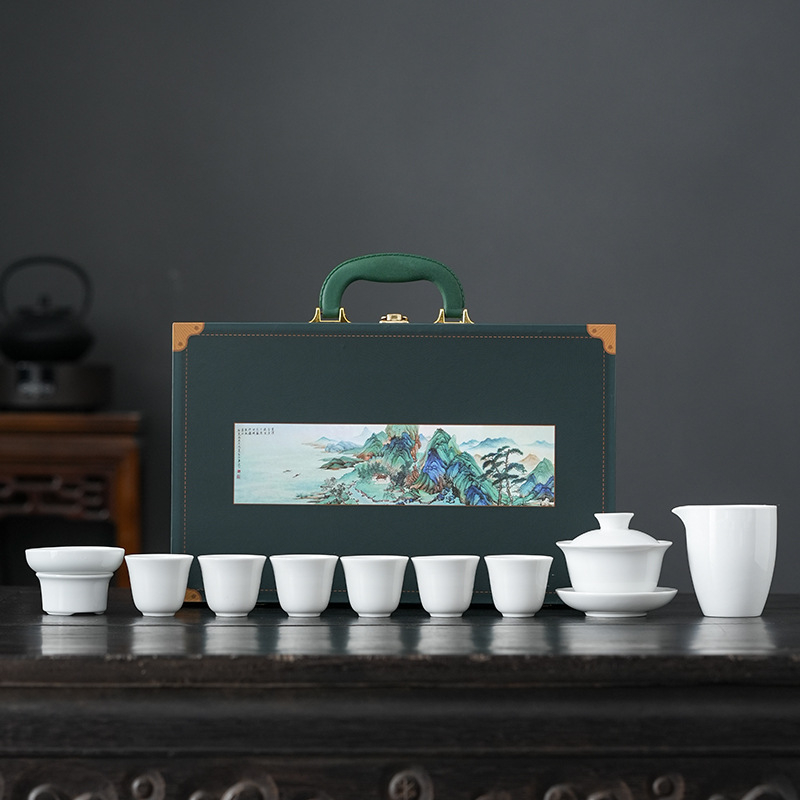 Set de ceai din porțelan alb cu gaiwan, în cutie cadou, set complet pentru 6 persoane, posibilitate de personalizare a logo-ului