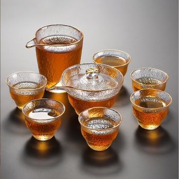 Set Gongfu de ceai din sticlă pentru uz casnic — ceainic, cești, cană de distribuție, bol cu capac în model scoarță