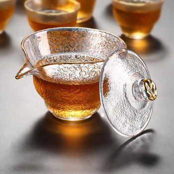 Set Gongfu de ceai din sticlă pentru uz casnic — ceainic, cești, cană de distribuție, bol cu capac în model scoarță