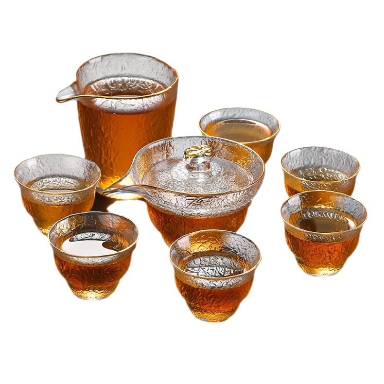 Set Gongfu de ceai din sticlă pentru uz casnic — ceainic, cești, cană de distribuție, bol cu capac în model scoarță