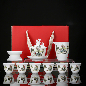 Set de ceai Dehua din porțelan alb, pentru casă – ceramică cu bol cu capac și cești, în cutie cadou